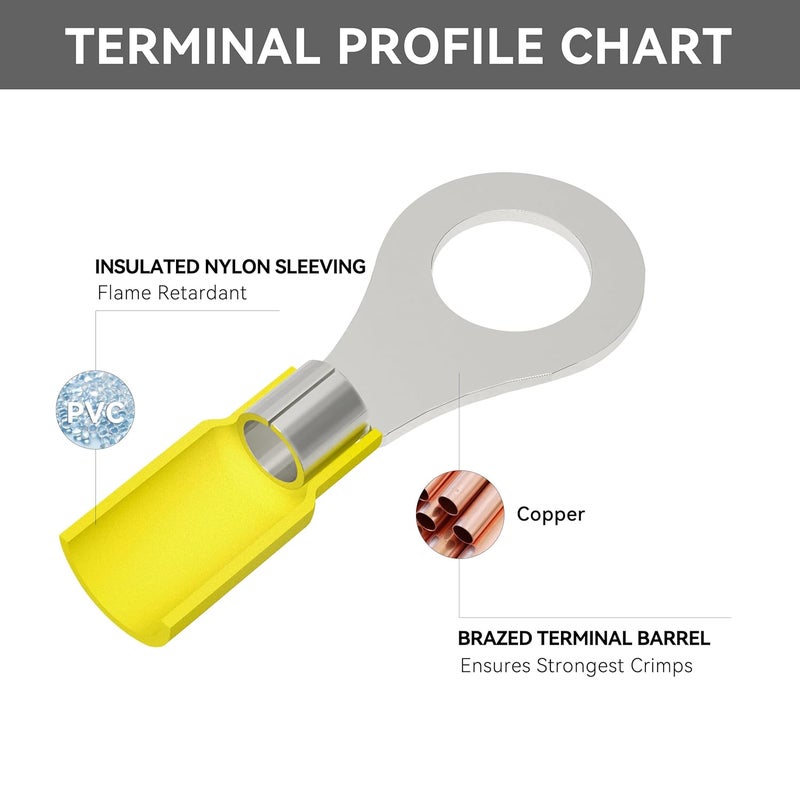 HK-S 60PCS Insulated Ring Terminal 5/16" Yellow 12-10 AWG - M8 - Tinned Red Copper - Electrical Wire Connector Kit Crimp PVC - Image 4